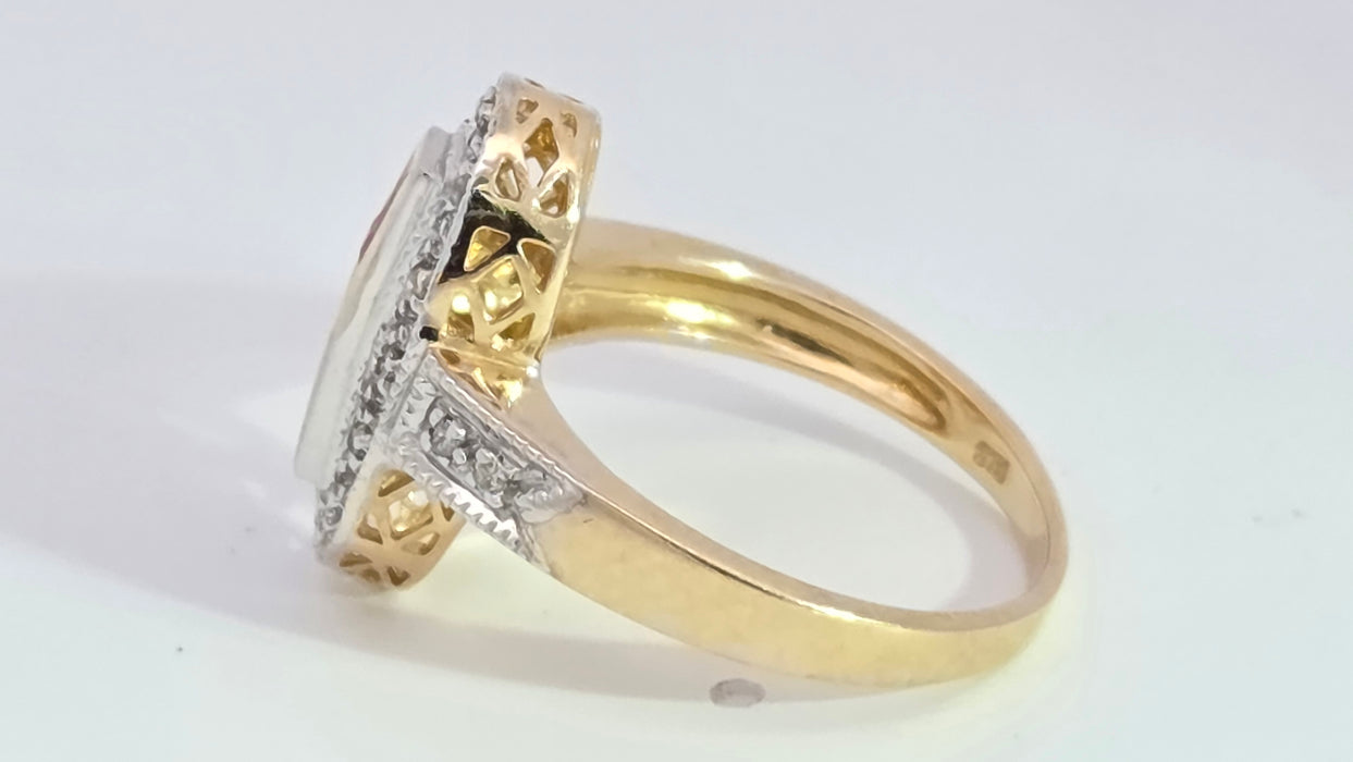 Vintage: 9ct Yellow Gold Ruby 0.35ct & 16-Diamond Art Deco Style Panel Ring