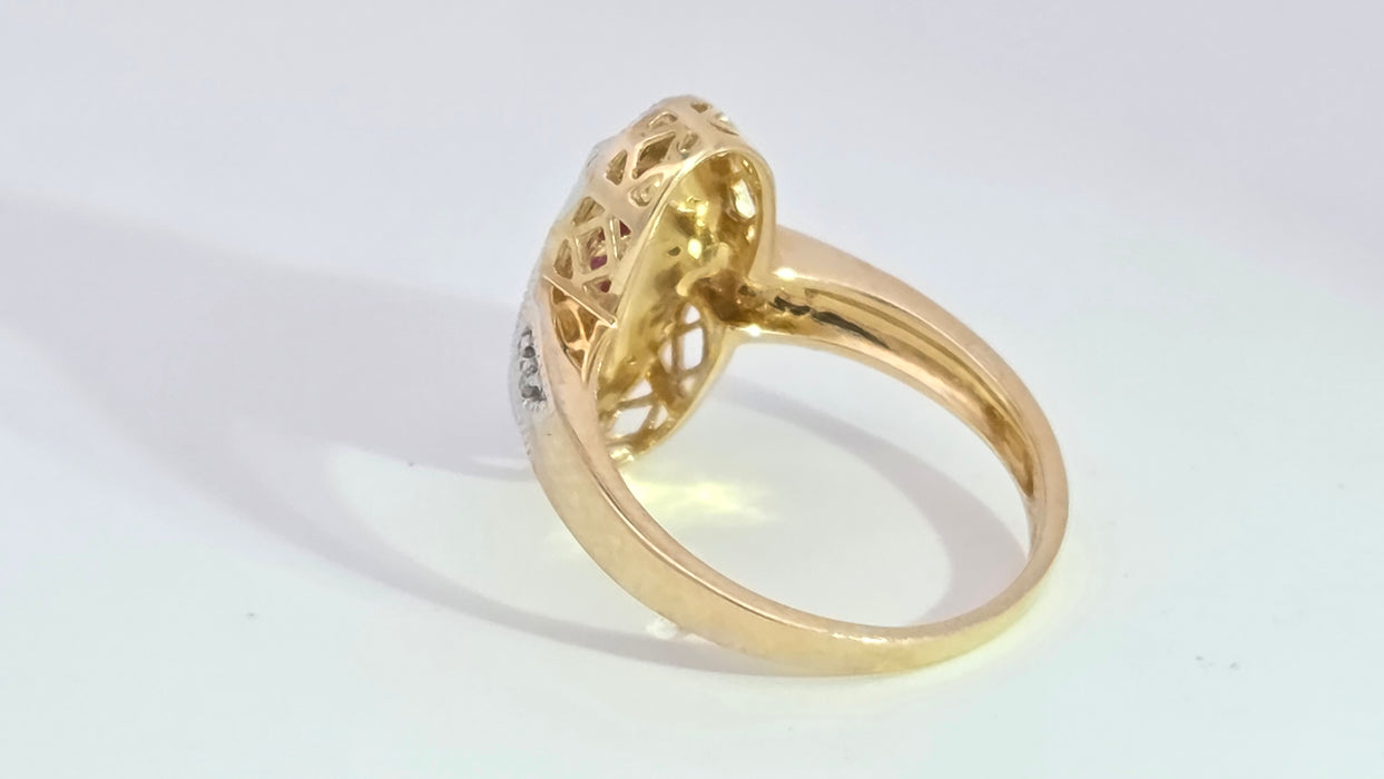 Vintage: 9ct Yellow Gold Ruby 0.35ct & 16-Diamond Art Deco Style Panel Ring