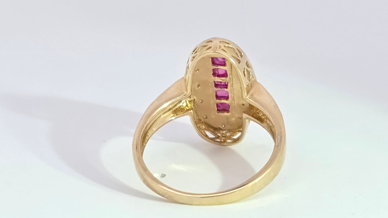 Vintage: 9ct Yellow Gold Ruby 0.35ct & 16-Diamond Art Deco Style Panel Ring