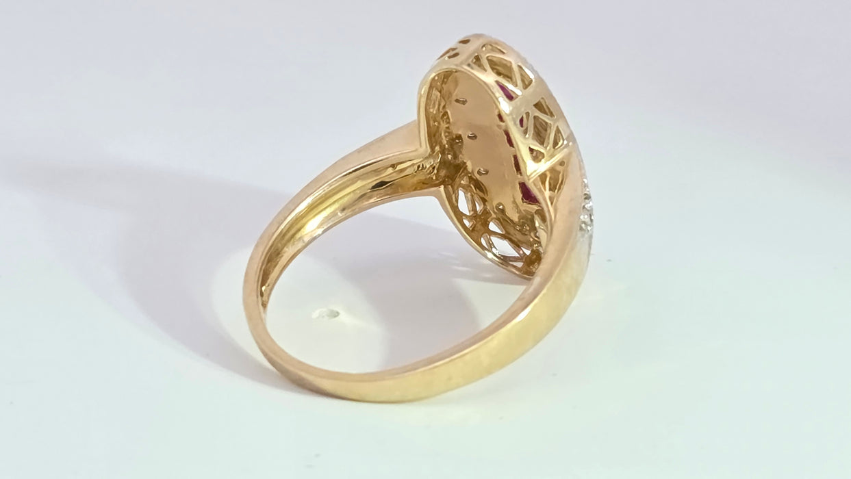 Vintage: 9ct Yellow Gold Ruby 0.35ct & 16-Diamond Art Deco Style Panel Ring