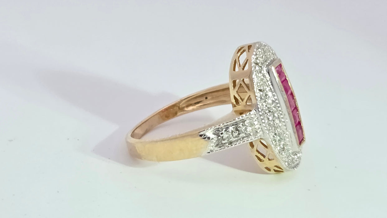 Vintage: 9ct Yellow Gold Ruby 0.35ct & 16-Diamond Art Deco Style Panel Ring