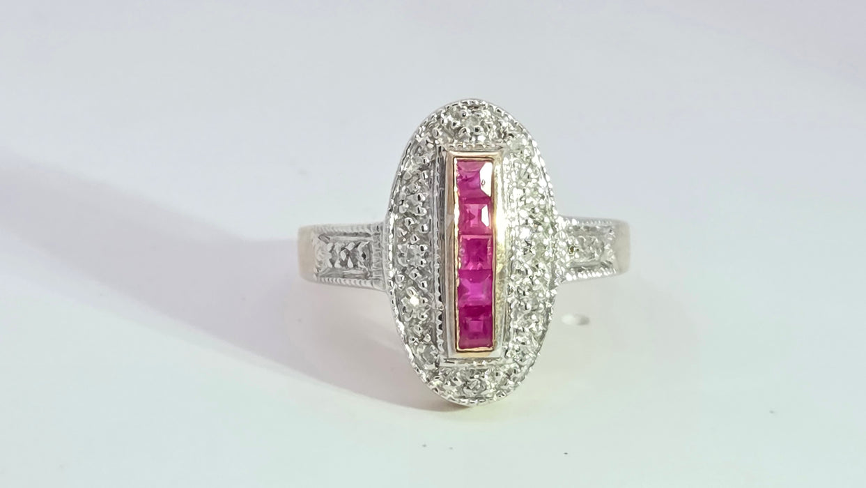 Vintage: 9ct Yellow Gold Ruby 0.35ct & 16-Diamond Art Deco Style Panel Ring