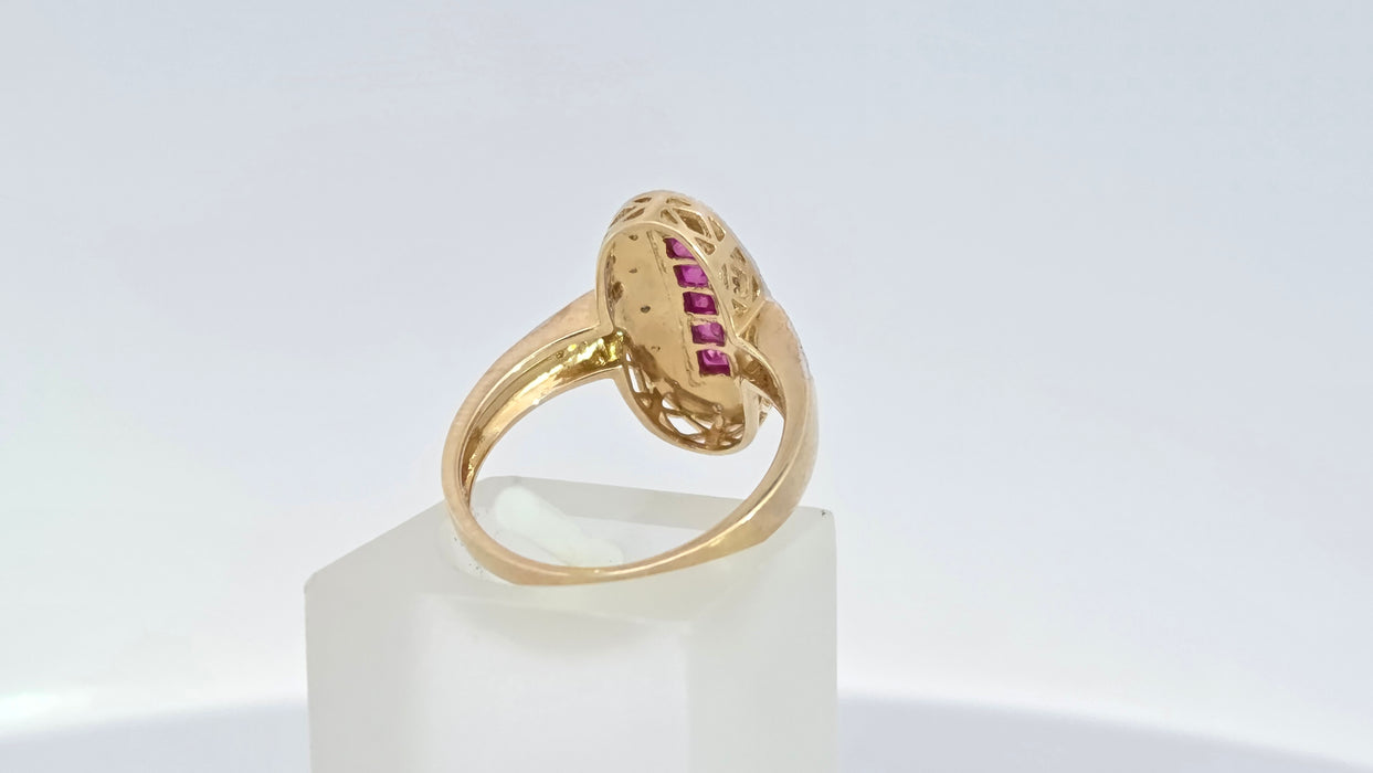 Vintage: 9ct Yellow Gold Ruby 0.35ct & 16-Diamond Art Deco Style Panel Ring