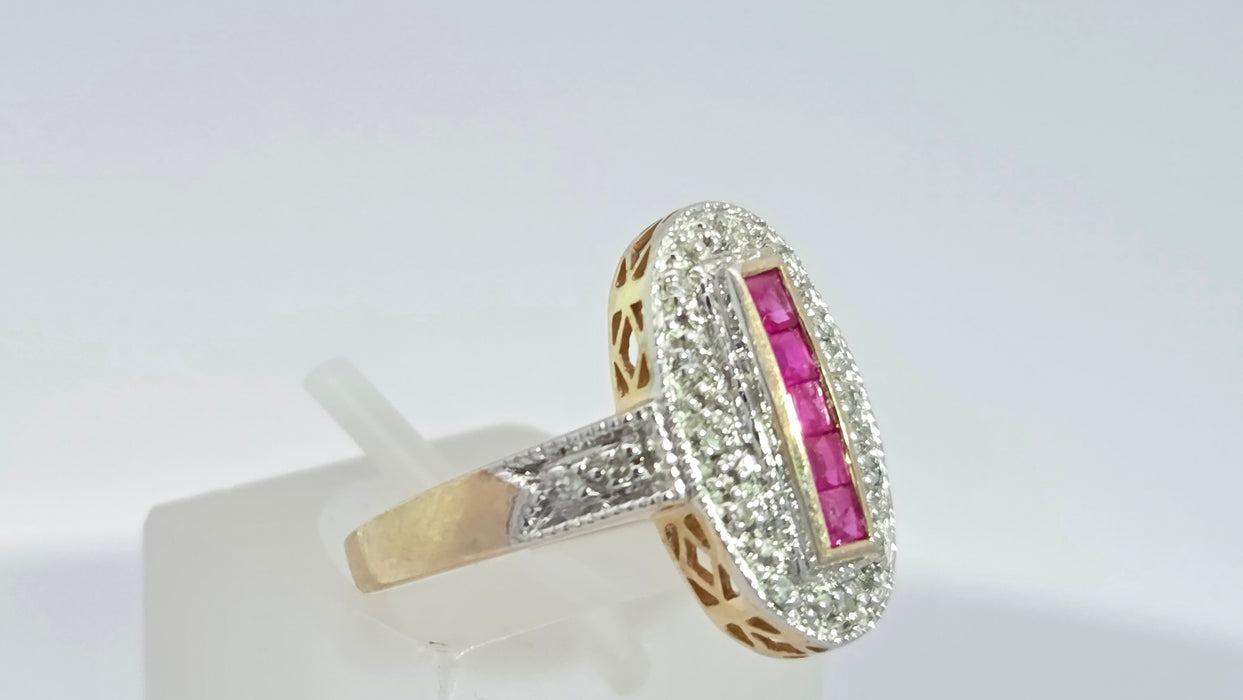 Vintage: 9ct Yellow Gold Ruby 0.35ct & 16-Diamond Art Deco Style Panel Ring
