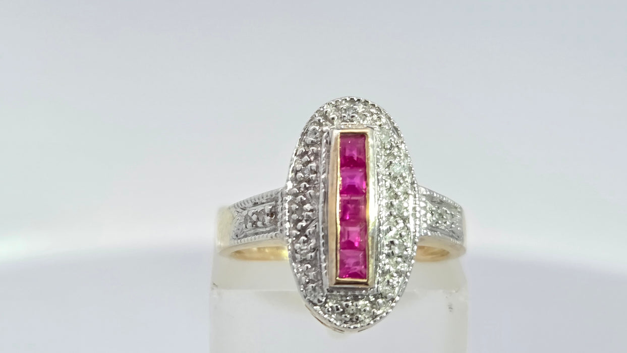 Vintage: 9ct Yellow Gold Ruby 0.35ct & 16-Diamond Art Deco Style Panel Ring