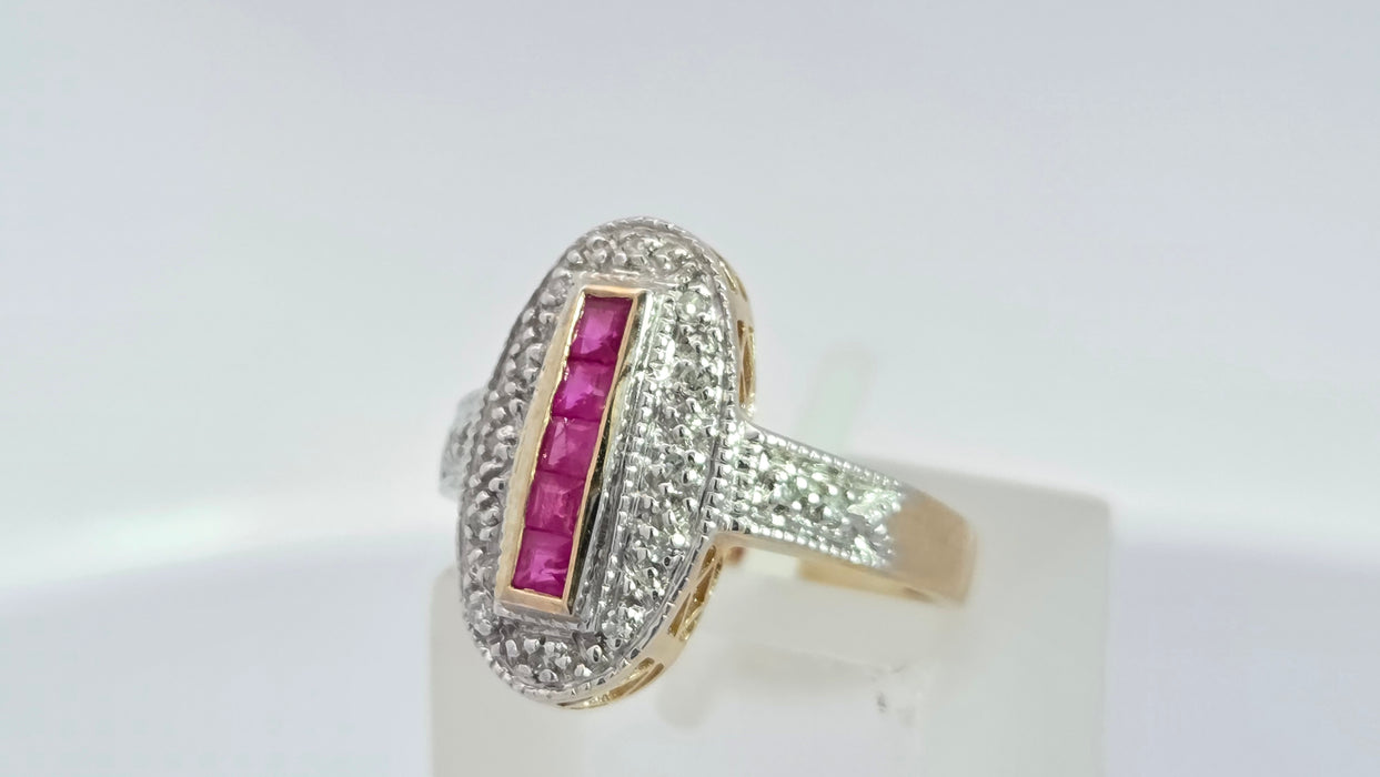 Vintage: 9ct Yellow Gold Ruby 0.35ct & 16-Diamond Art Deco Style Panel Ring