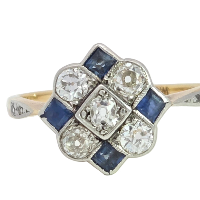 Vintage Art Deco: 18ct Yellow Gold & Platinum Sapphire & Diamond Checkerboard Dress Ring