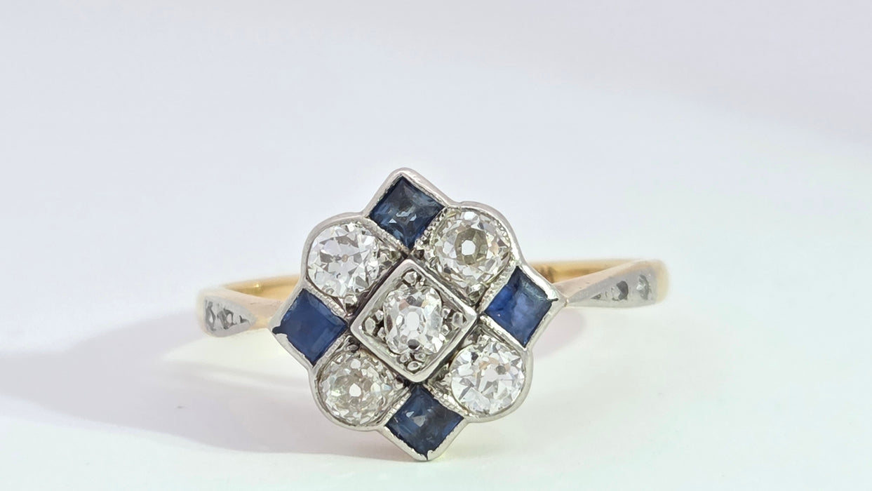Vintage Art Deco: 18ct Yellow Gold & Platinum Sapphire & Diamond Checkerboard Dress Ring