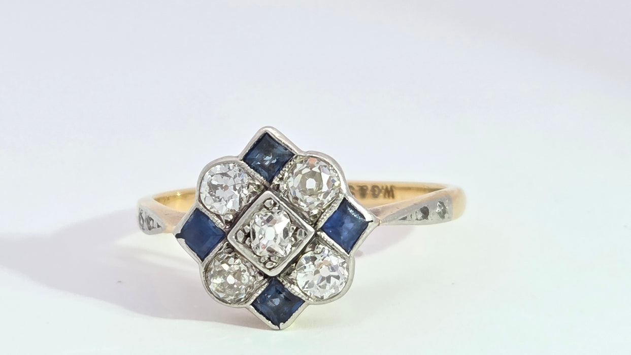 Vintage Art Deco: 18ct Yellow Gold & Platinum Sapphire & Diamond Checkerboard Dress Ring