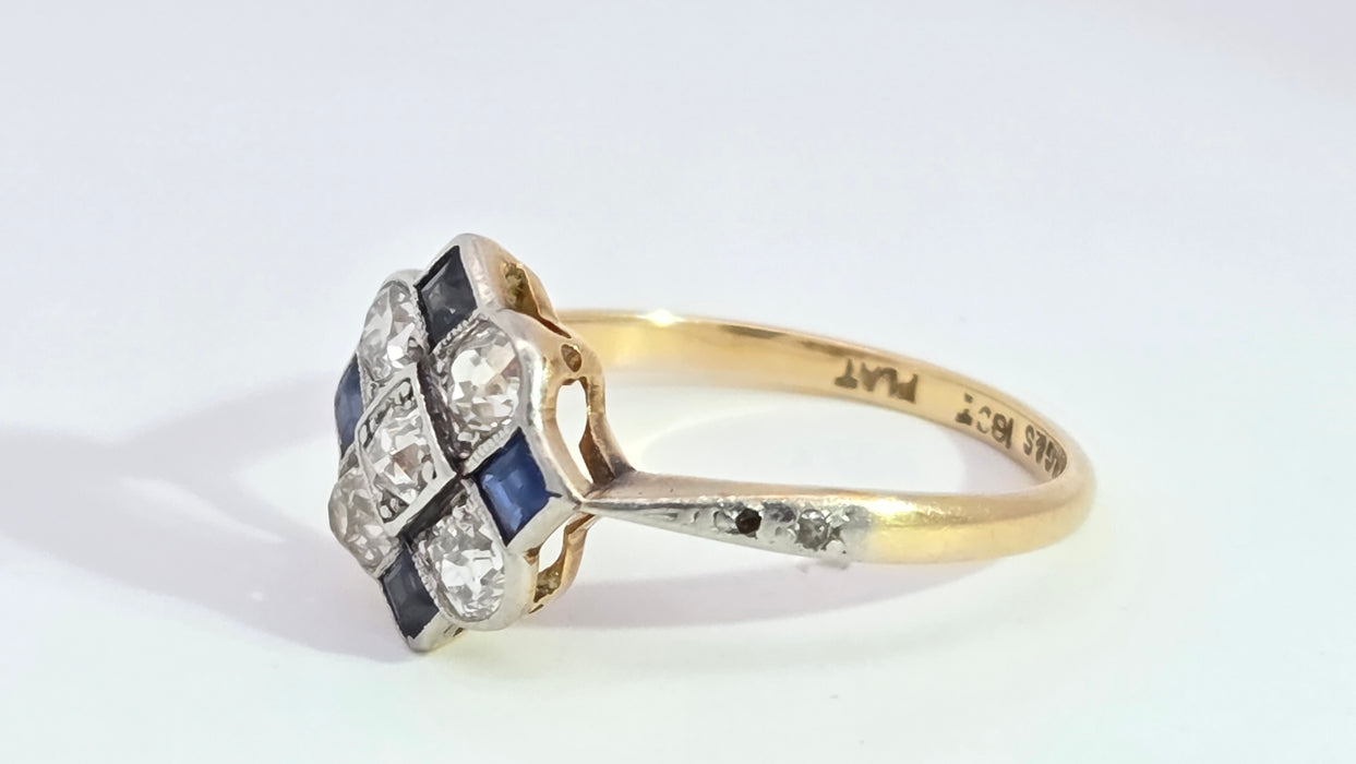 Vintage Art Deco: 18ct Yellow Gold & Platinum Sapphire & Diamond Checkerboard Dress Ring