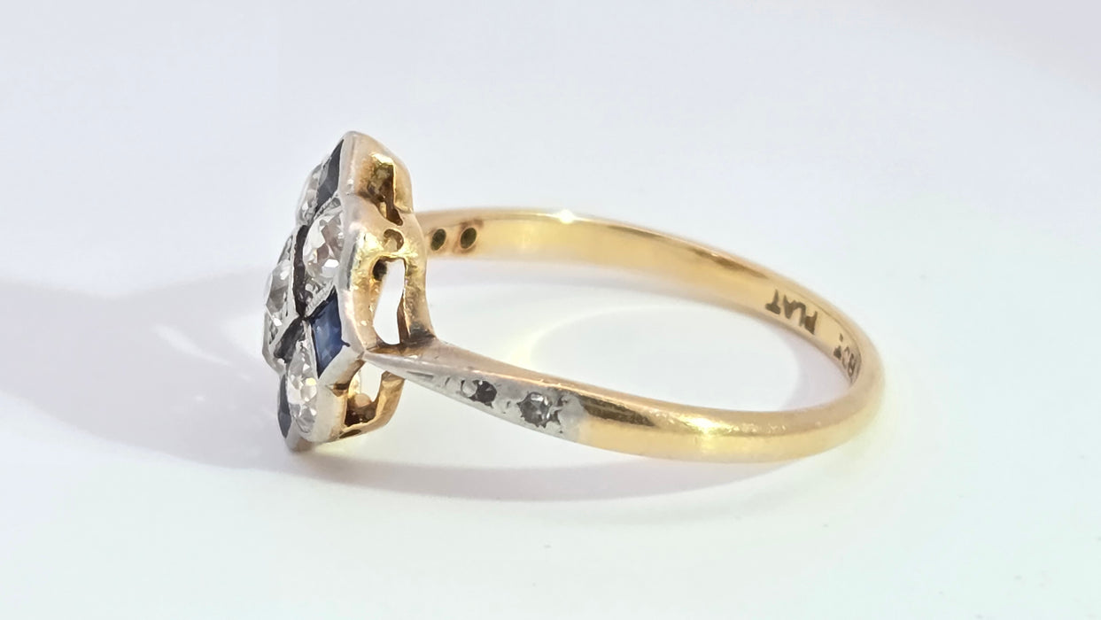 Vintage Art Deco: 18ct Yellow Gold & Platinum Sapphire & Diamond Checkerboard Dress Ring