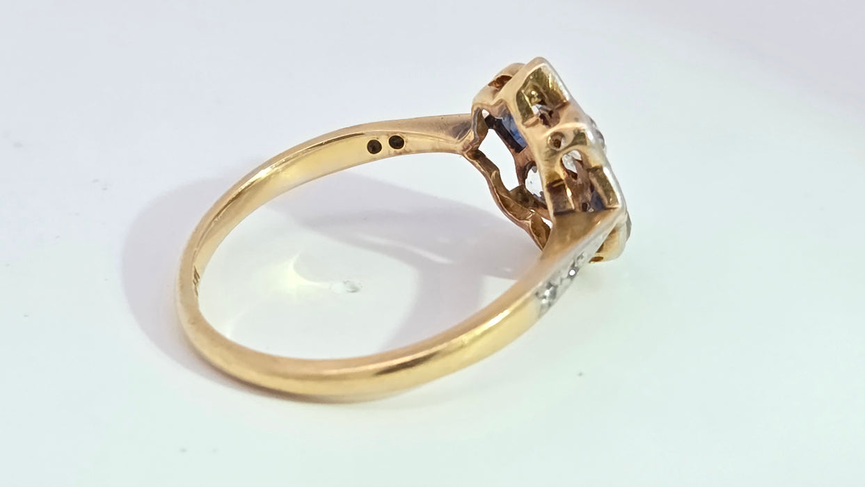 Vintage Art Deco: 18ct Yellow Gold & Platinum Sapphire & Diamond Checkerboard Dress Ring