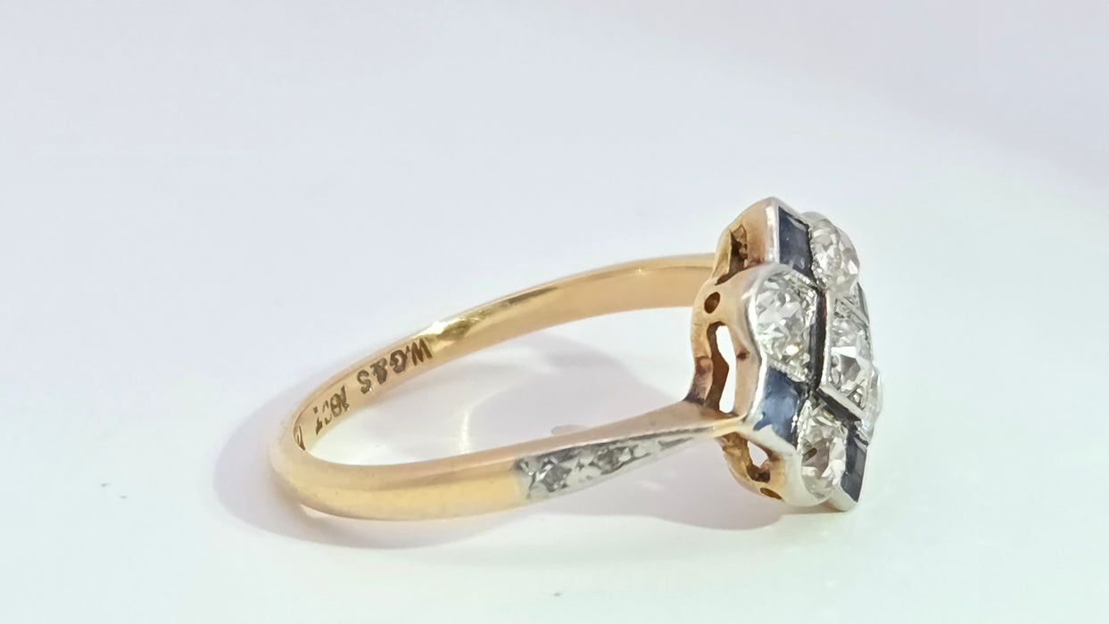 Vintage Art Deco: 18ct Yellow Gold & Platinum Sapphire & Diamond Checkerboard Dress Ring