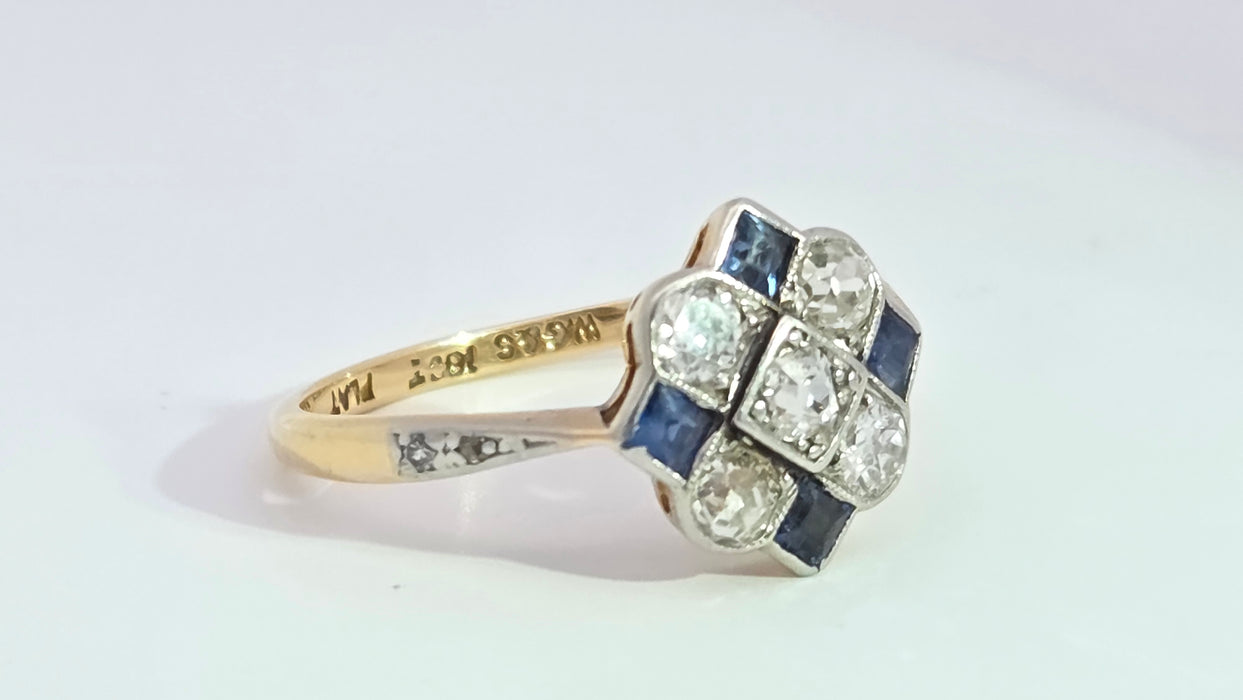 Vintage Art Deco: 18ct Yellow Gold & Platinum Sapphire & Diamond Checkerboard Dress Ring