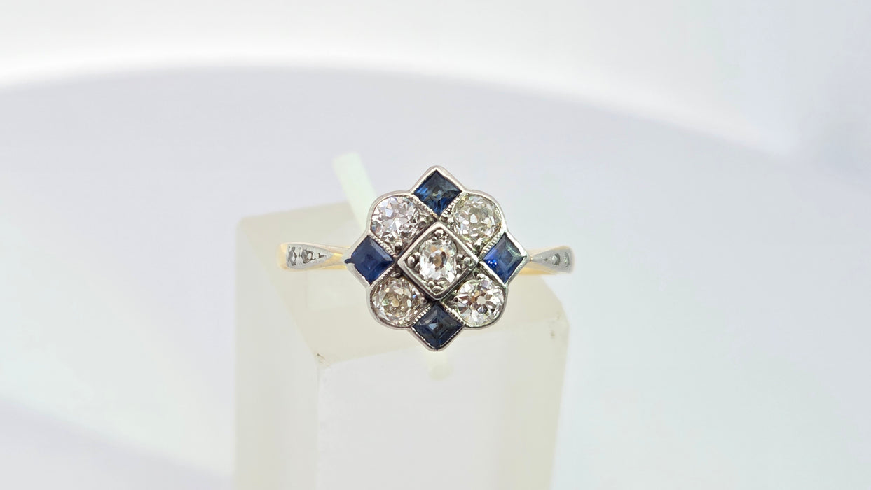 Vintage Art Deco: 18ct Yellow Gold & Platinum Sapphire & Diamond Checkerboard Dress Ring