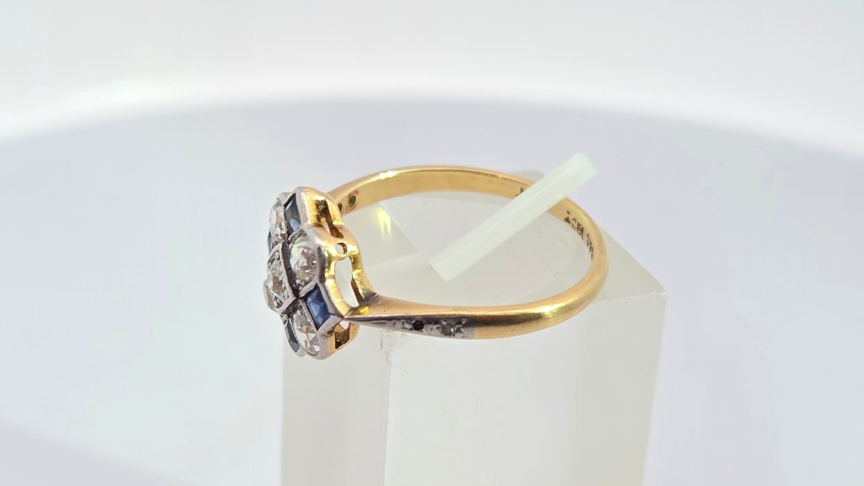 Vintage Art Deco: 18ct Yellow Gold & Platinum Sapphire & Diamond Checkerboard Dress Ring
