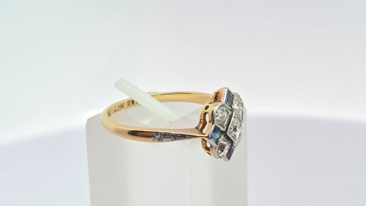 Vintage Art Deco: 18ct Yellow Gold & Platinum Sapphire & Diamond Checkerboard Dress Ring