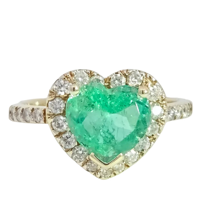 Vintage: 14ct Yellow Gold Heart-Cut Emerald & 17-Diamond Halo Dress Ring