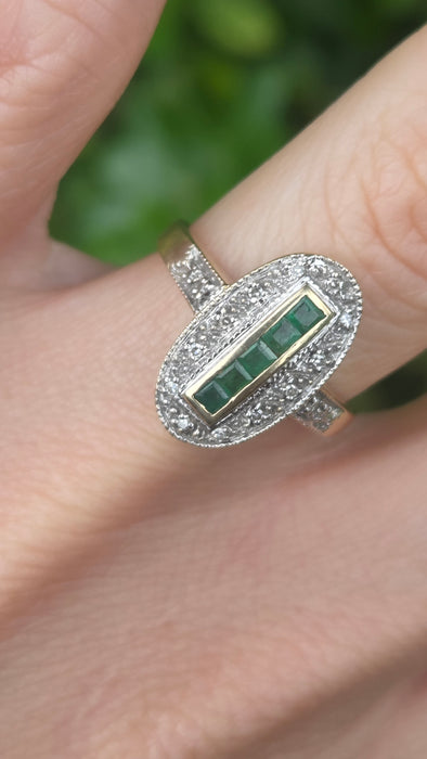Vintage: 9ct Yellow Gold Emerald & Diamond Art Deco Panel Style Ring