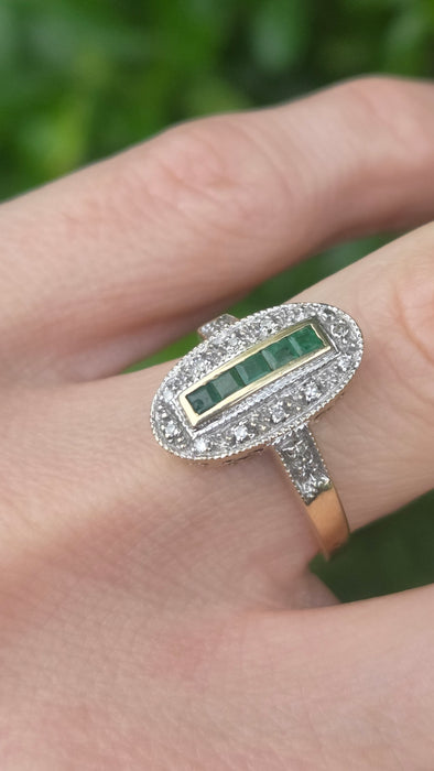 Vintage: 9ct Yellow Gold Emerald & Diamond Art Deco Panel Style Ring