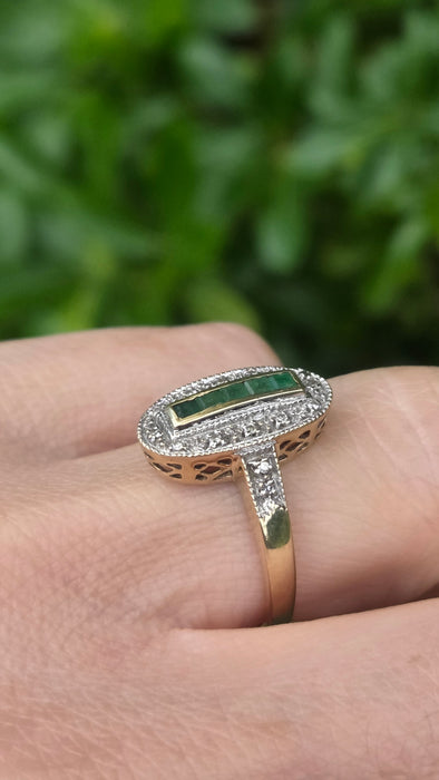 Vintage: 9ct Yellow Gold Emerald & Diamond Art Deco Panel Style Ring