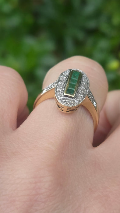 Vintage: 9ct Yellow Gold Emerald & Diamond Art Deco Panel Style Ring