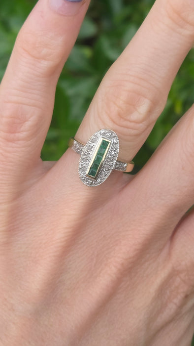 Vintage: 9ct Yellow Gold Emerald & Diamond Art Deco Panel Style Ring