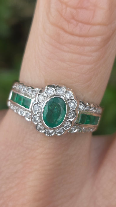 Vintage: 18ct Yellow Gold Seven-Emerald & 32-Diamond Art Deco Style Dress Ring