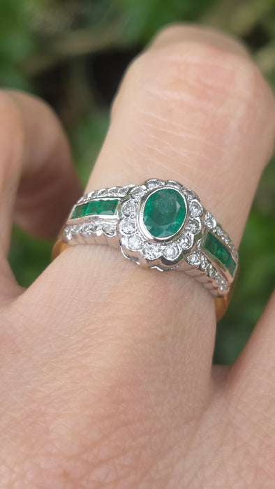 Vintage: 18ct Yellow Gold Seven-Emerald & 32-Diamond Art Deco Style Dress Ring
