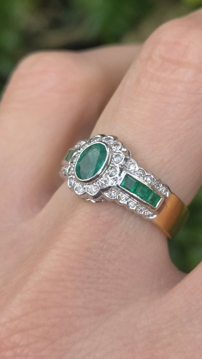 Vintage: 18ct Yellow Gold Seven-Emerald & 32-Diamond Art Deco Style Dress Ring