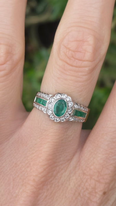 Vintage: 18ct Yellow Gold Seven-Emerald & 32-Diamond Art Deco Style Dress Ring