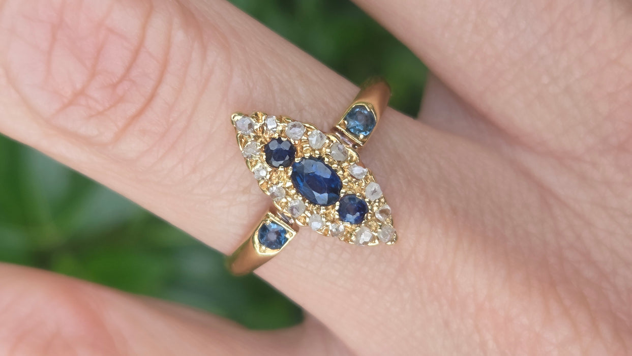 Antique: 18ct Yellow Gold Sapphire & 16-Diamond Marquise-Shaped Ring — From 1912