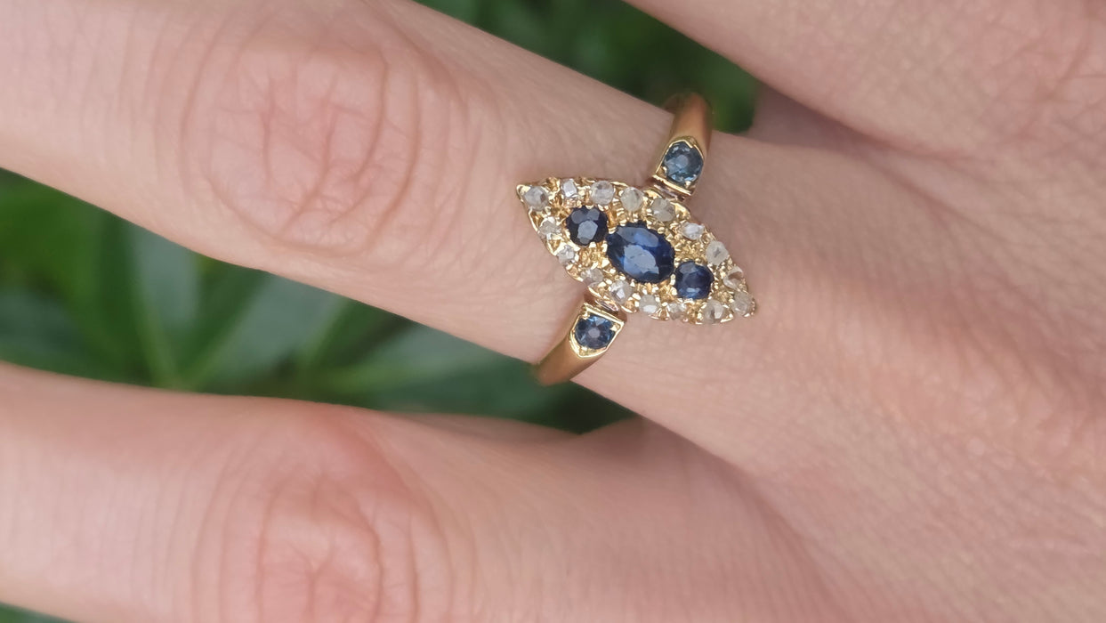 Antique: 18ct Yellow Gold Sapphire & 16-Diamond Marquise-Shaped Ring — From 1912