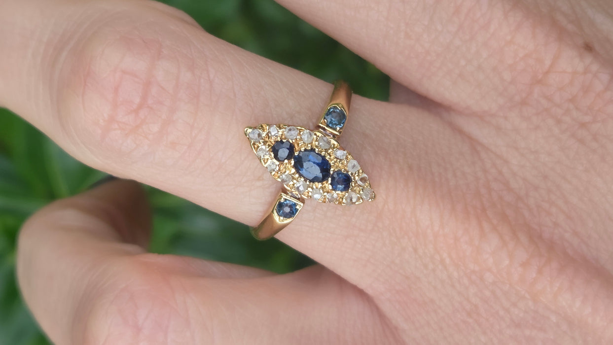 Antique: 18ct Yellow Gold Sapphire & 16-Diamond Marquise-Shaped Ring — From 1912