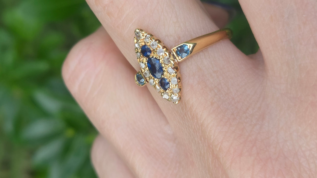 Antique: 18ct Yellow Gold Sapphire & 16-Diamond Marquise-Shaped Ring — From 1912