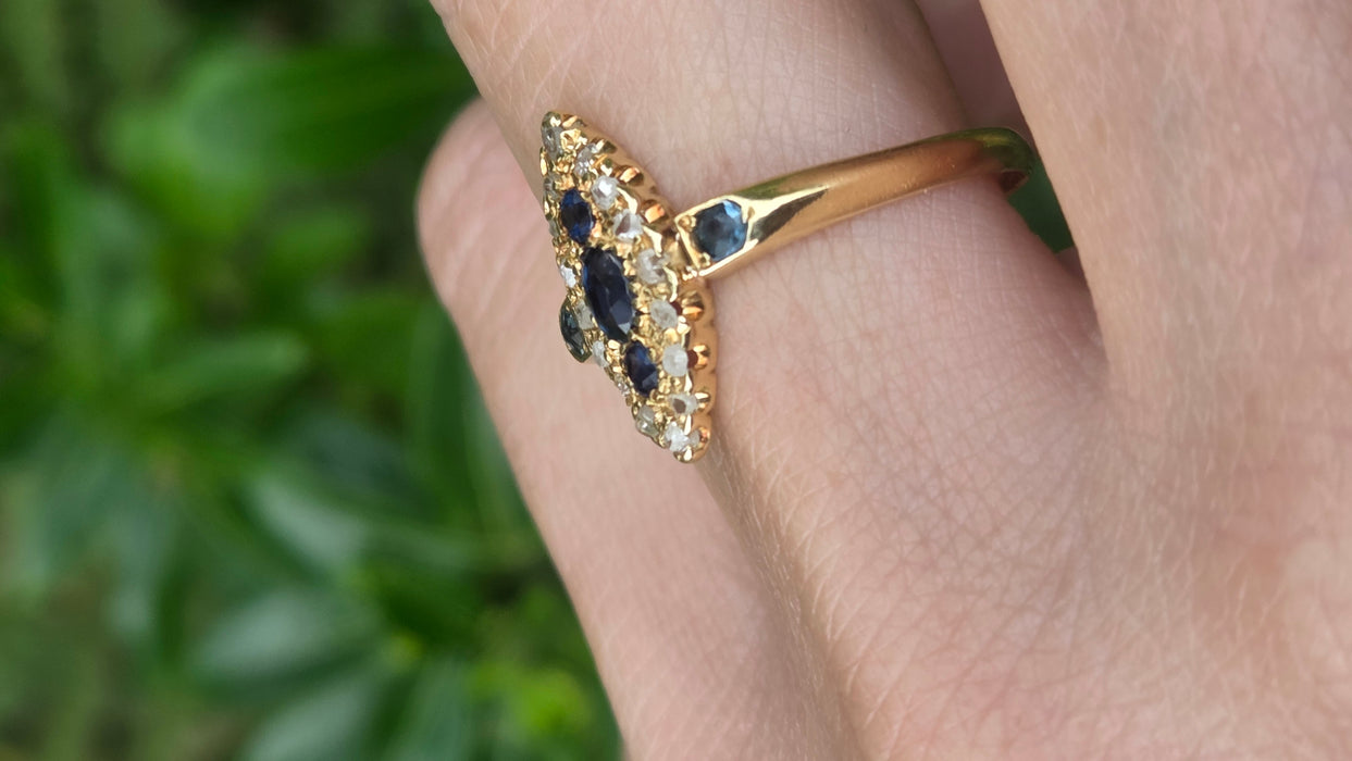 Antique: 18ct Yellow Gold Sapphire & 16-Diamond Marquise-Shaped Ring — From 1912