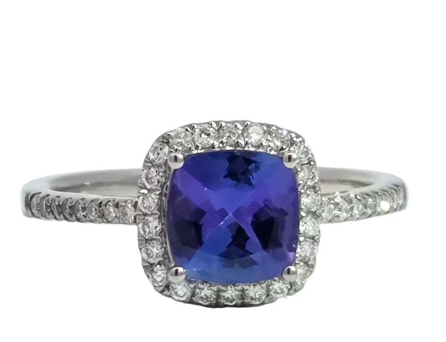 Vintage: 18ct White Gold Tanzanite & Diamond 0.75ct Halo Dress Ring