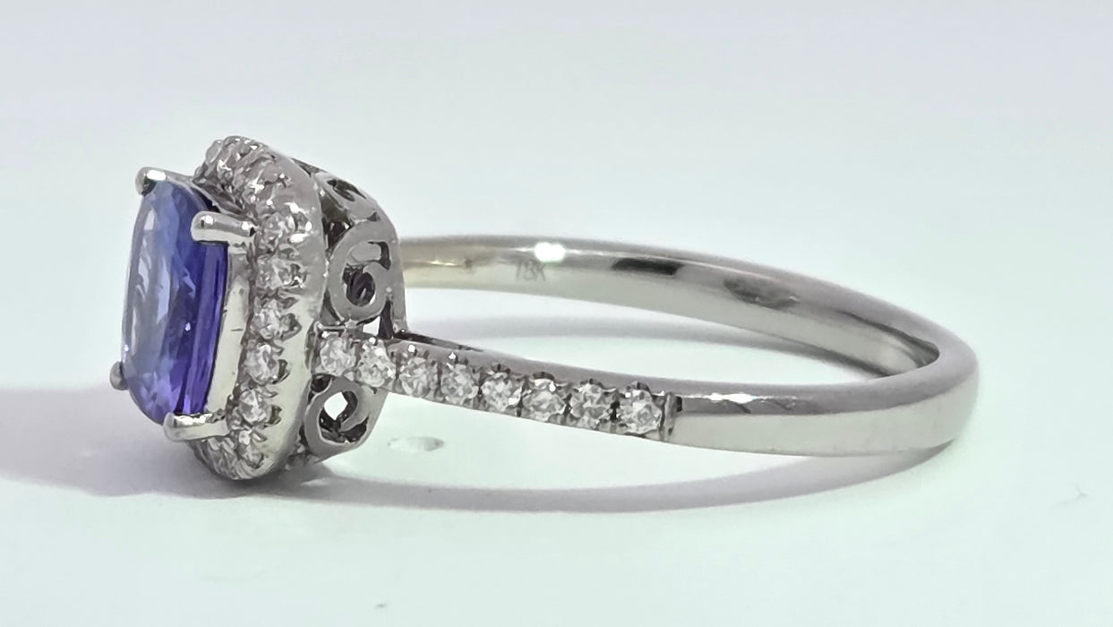Vintage: 18ct White Gold Tanzanite & Diamond 0.75ct Halo Dress Ring