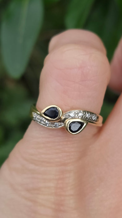 Vintage: 9ct Yellow Gold Sapphire & Diamond Bypass Ring