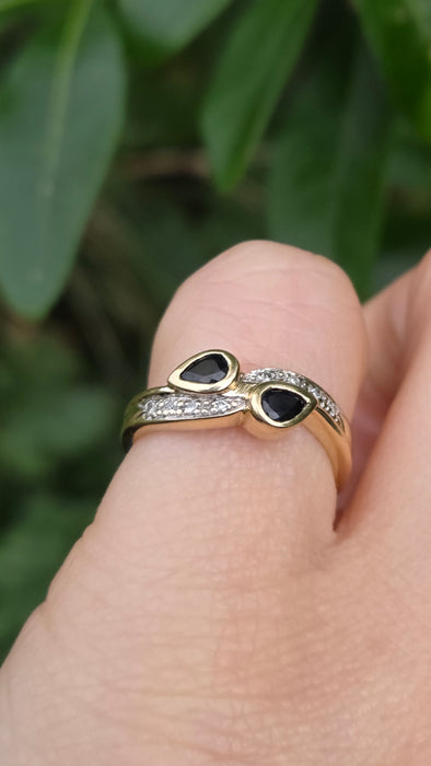 Vintage: 9ct Yellow Gold Sapphire & Diamond Bypass Ring