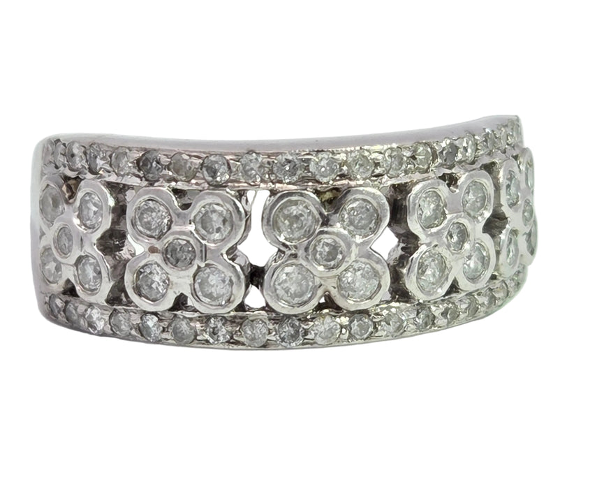 Vintage: 9ct White Gold 49 Diamond Openwork Floral Cluster Band Ring