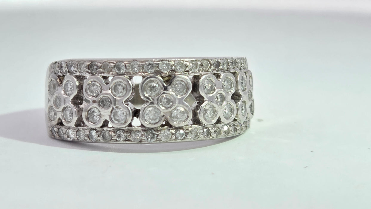 Vintage: 9ct White Gold 49 Diamond Openwork Floral Cluster Band Ring