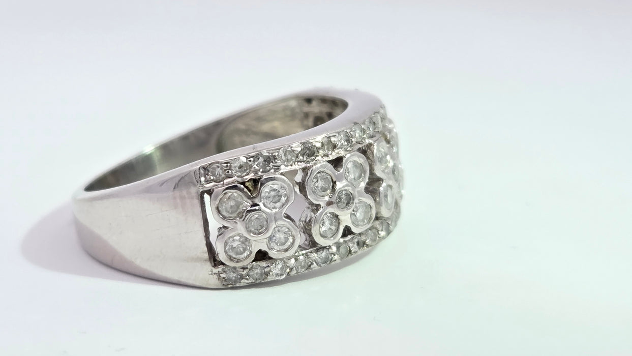 Vintage: 9ct White Gold 49 Diamond Openwork Floral Cluster Band Ring