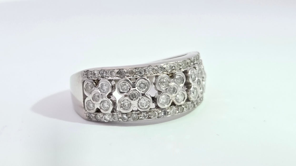 Vintage: 9ct White Gold 49 Diamond Openwork Floral Cluster Band Ring