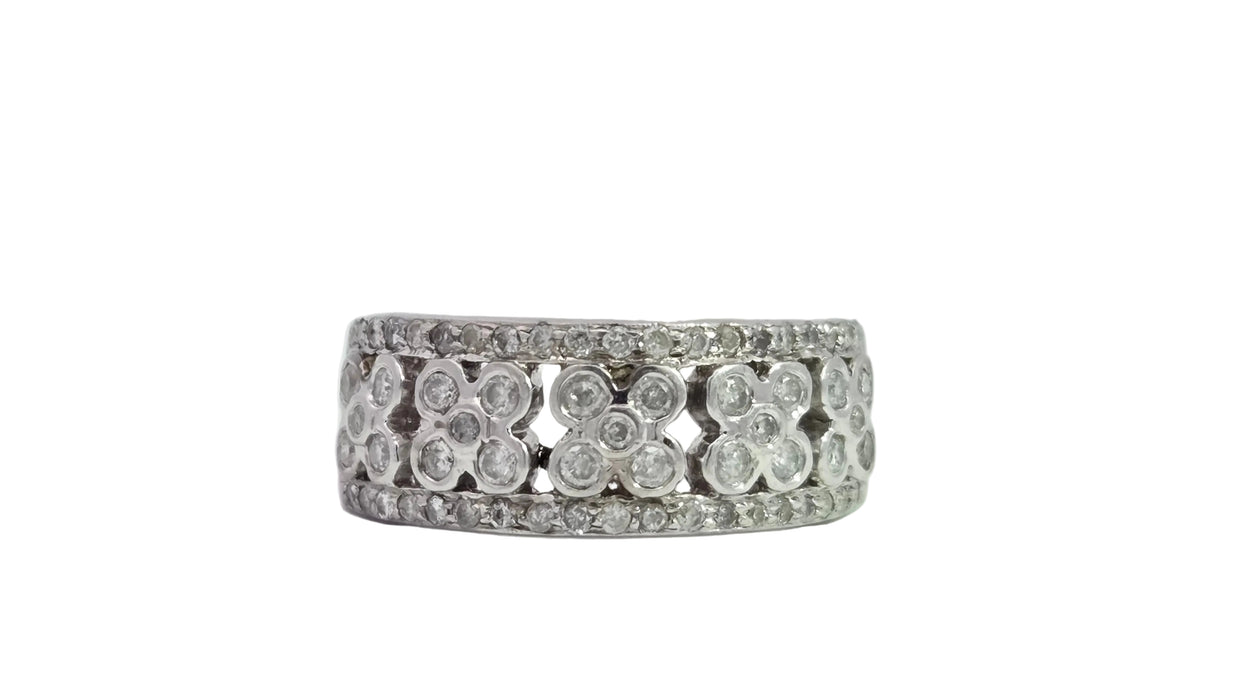 Vintage: 9ct White Gold 49 Diamond Openwork Floral Cluster Band Ring