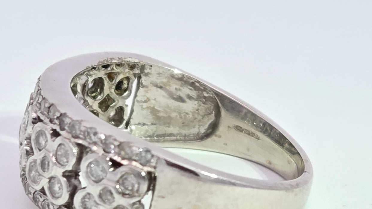 Vintage: 9ct White Gold 49 Diamond Openwork Floral Cluster Band Ring