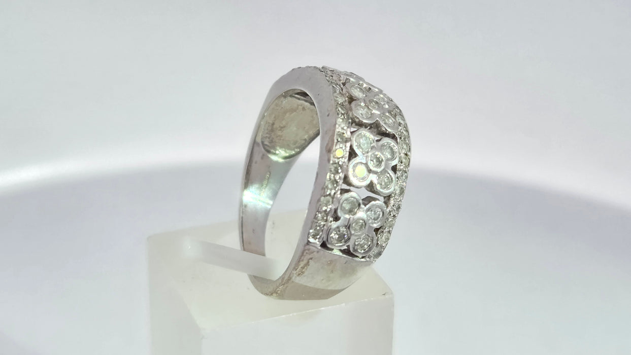 Vintage: 9ct White Gold 49 Diamond Openwork Floral Cluster Band Ring