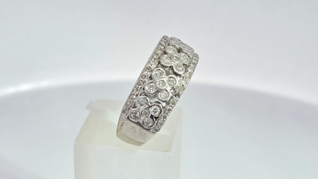 Vintage: 9ct White Gold 49 Diamond Openwork Floral Cluster Band Ring