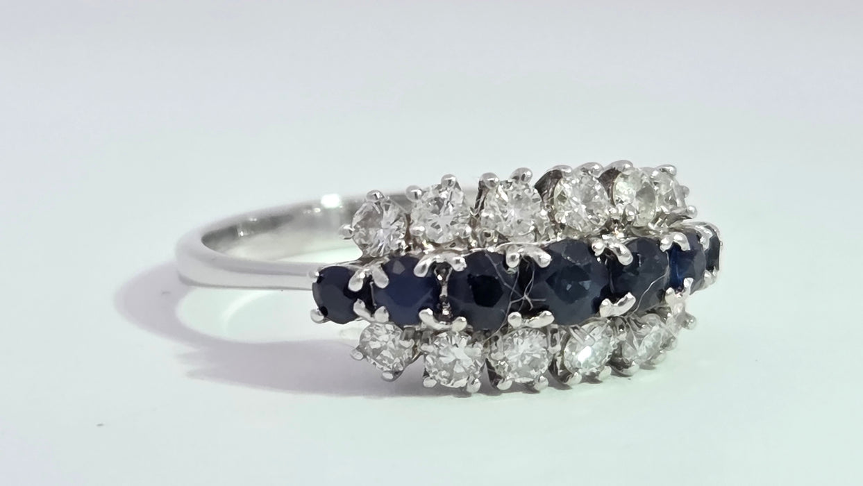 Vintage: 18ct White Gold Sapphire 0.69ct & Diamond 0.56ct Three Row Dress Ring — From 1977