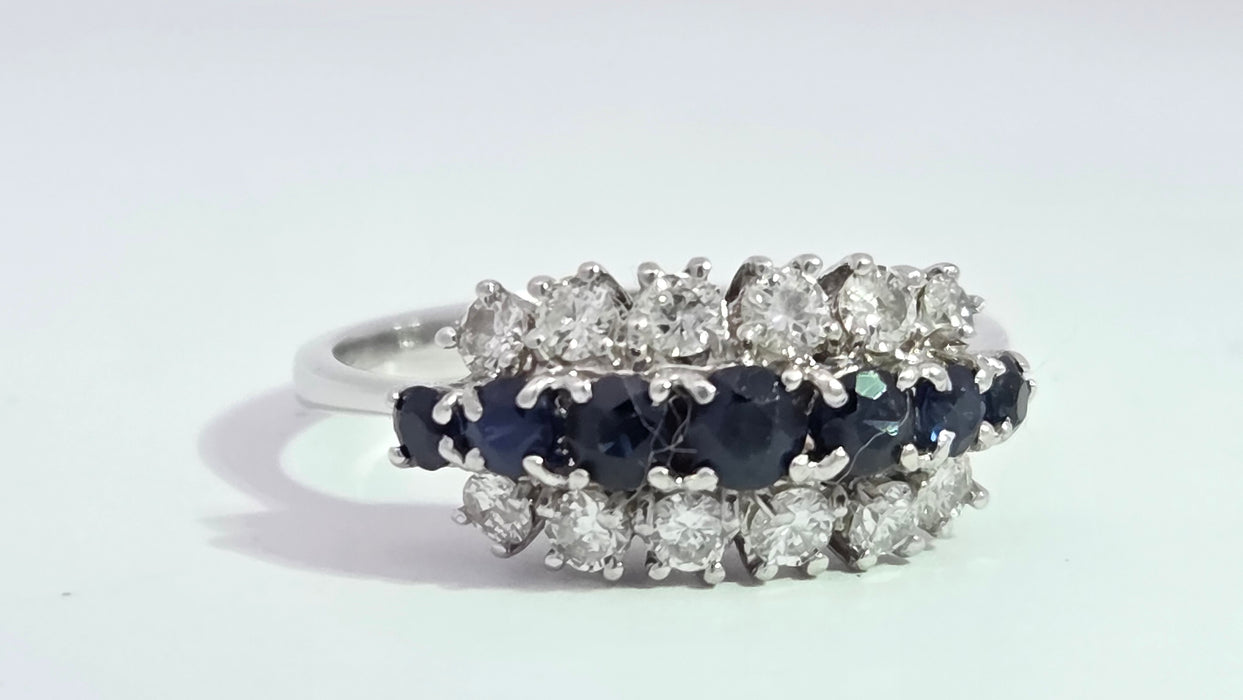 Vintage: 18ct White Gold Sapphire 0.69ct & Diamond 0.56ct Three Row Dress Ring — From 1977